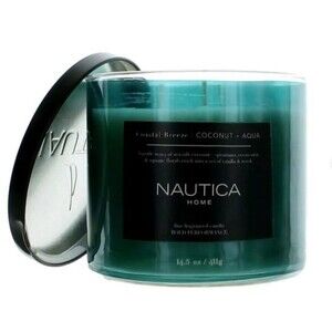 NAUTICA Scented Candle Coastal Breeze Coconut & Aqua Soy 3-Wick Jar Long Lasting